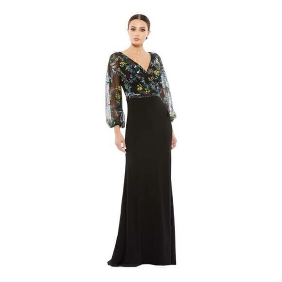 Mac Duggal Embroidered Illusion Puff Sleeve Column Gown Size 6 Style 79379